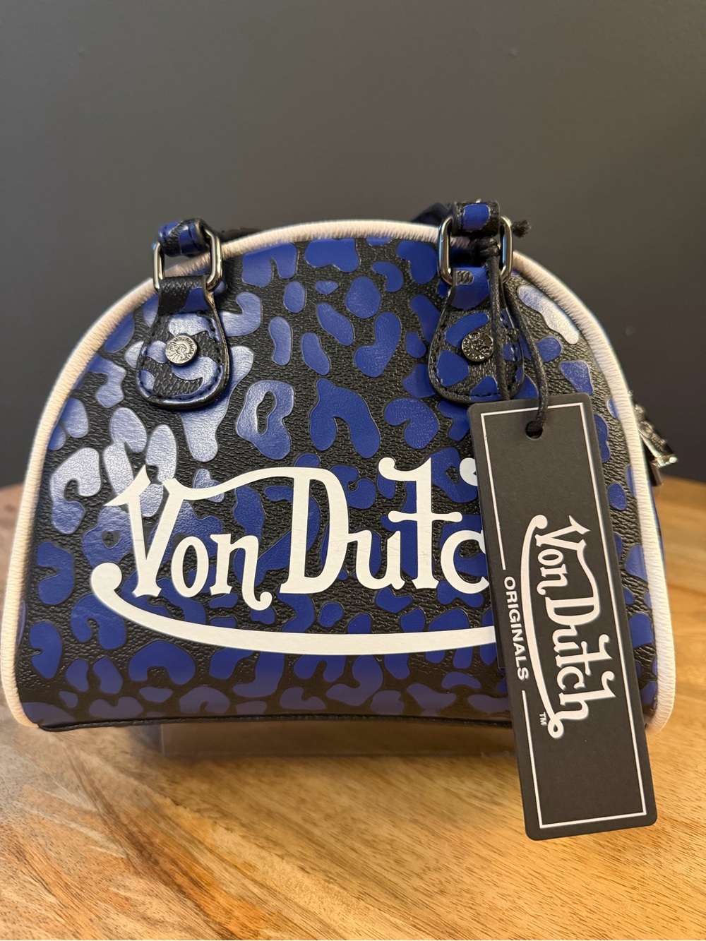 Von Dutch Blue and Black Leopard Dome Satchel with White Logo